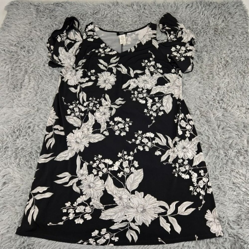 MSK 2543658 Women 2X Black Floral Knee‎ Length Cold Shoulder Stretch Dress